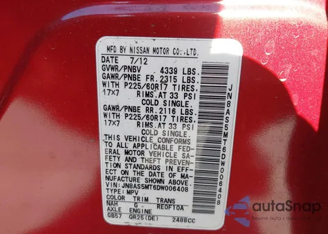 2013 Nissan Rogue Sv z USA, uszkodzony, nr VIN JN8AS5MT6DW006408